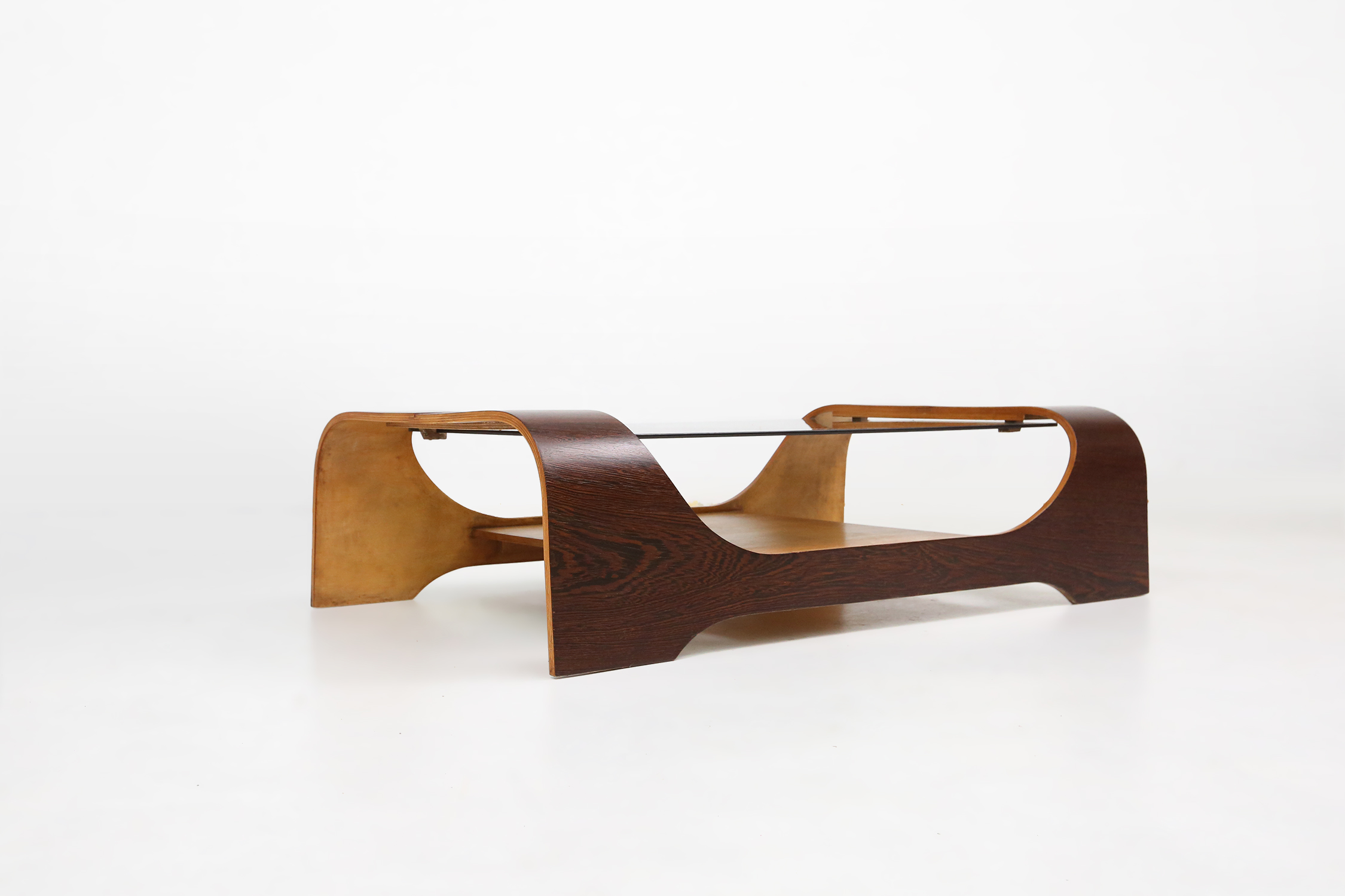 French mid-century coffee table in curved wenge plywood with glass top, 1960sthumbnail